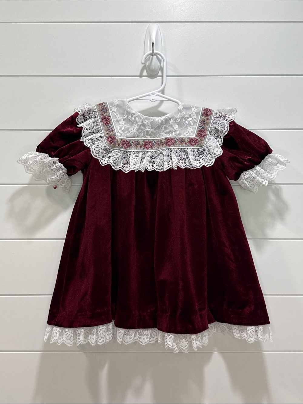Vintage Harold Square Burgundy Velvet Dress with White Lace and Floral Trim